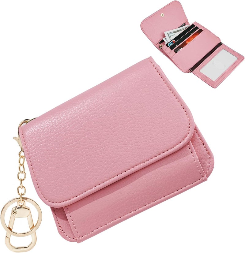 Sunpour Women Small Wallet RFID Blocking Slim Wallet with Coin Pocket Tri-Fold Credit Card Holder with ID Window and Keychain(Pink) - Image 1